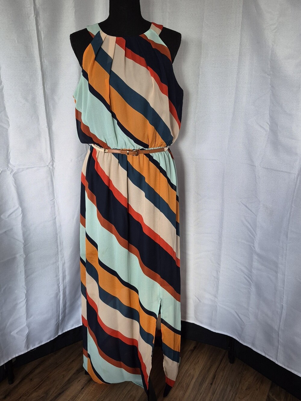 Apt. 9 Multi-Stripe Sleeveless Maxi Dress in Mint, Navy, Mustard & Rust